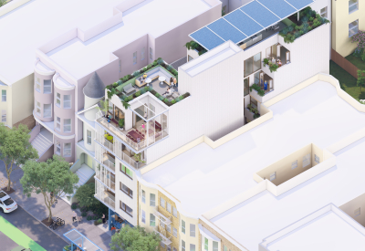Aerial view showing the mid-rise apartment building with roof garden and solar 