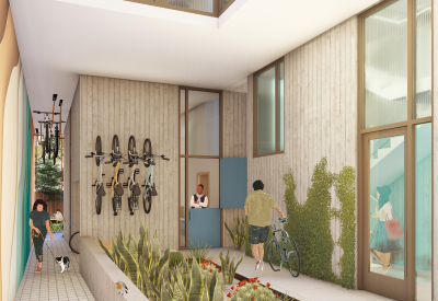 Rendered interior rendering showing bike storage