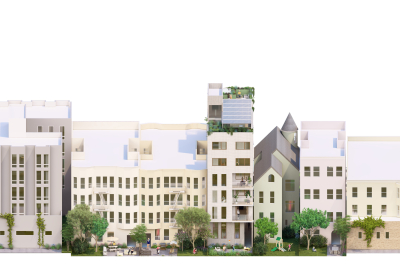 Rendered view of full street showing mid-block mid-rise building