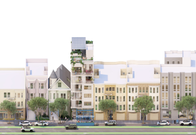 This street view shows the new mid-rise building on its block