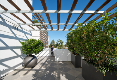Patio view with planters, overhead trellis, and woman looking out at view
