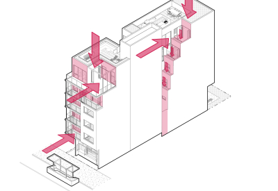 Axonometric view shows single stair circulation and balcony setbacks