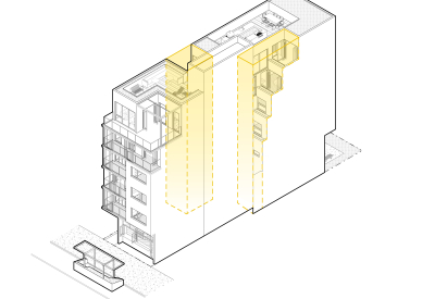 Axonometric view shows the light wells through the building