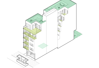 Axonometric view shows the open spaces on roof and at street-facing balconies