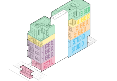 This axonometric view shows the different unit types