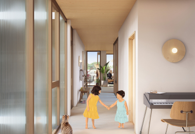 A rendered interior view shows the light well and a view through the apartment to the outside