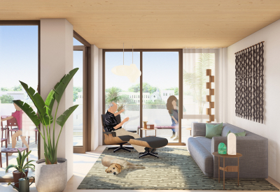 This rendered interior shows floor to ceiling windows in a living space