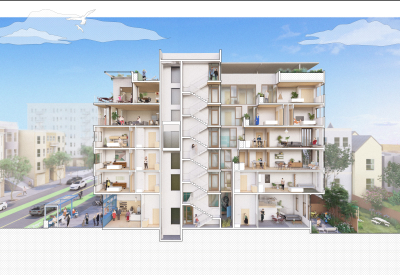 The building section shows the units and the stair and lightwell