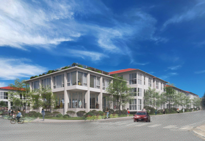 Rendered corner view of adaptive reuse project