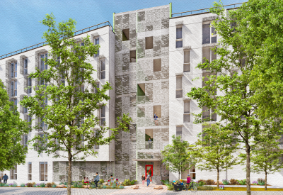White 6 story building with trees in foreground 