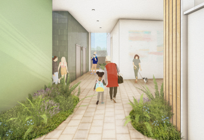 Green and white interior walls with elevator doors and woman and child walking  