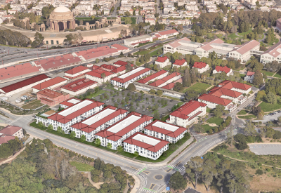 Aerial rederened view of reused buildings as apartments with red roofs