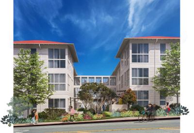 Rendered view of two apartment buildings and courtyard between
