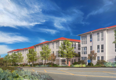 Rendered street view of apartment buildings from Girard Road