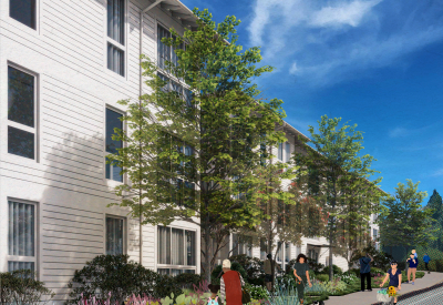 Rendered view of apartments along Girard show vegetation and pedestrians