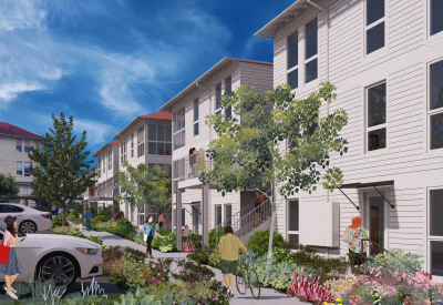 Rendered view of white apartment building shows exterior stairs