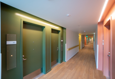 Bold colors in interior hallways support intuitive navigation