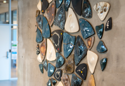 Custom tile installation in blues, browns, and white