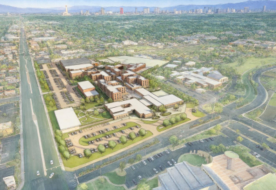 Aerial view of cluster of buildings