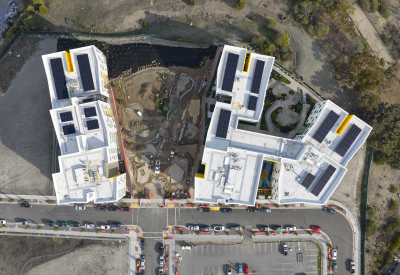 Rooftop view of apartment buildings and courtyards