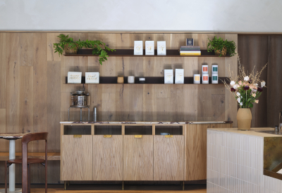 The coffee-prep station against the wall