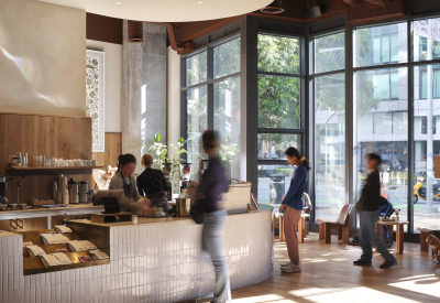 Patrons at the coffee shop lined up to order 