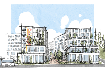 Sketch of two buildings with walkway between