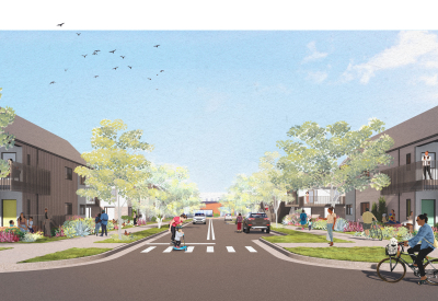 Rendered view of street with trees at the heart of the new community