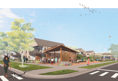 Rendered view of corner with signage and new linear park