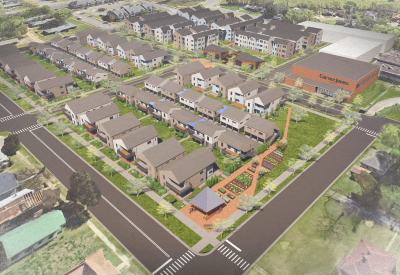 Rendered aerial view of community showing three housing types