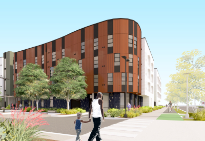 Rendering view of the corner of a four-story building showing a swooping rounded form.