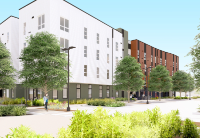 Rendering view of a four-story building with articulated massing and varied cladding.