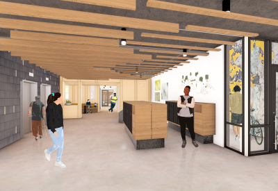 Rendering view of lobby interior with dark tile at elevators, wooden mailboxes, and various seating areas.