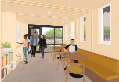 Rendering view of small library space with low bookshelves and small tables.