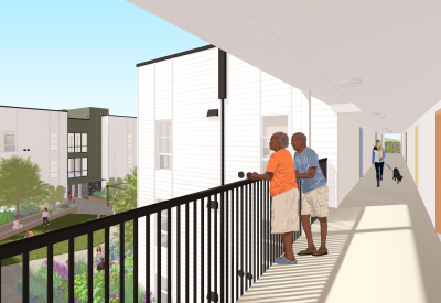 Rendering view of open-air corridor overlooking a courtyard.