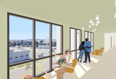 Rendering view of corridor with large view windows and seating.
