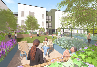 Rendering view of a planted courtyard with seating.
