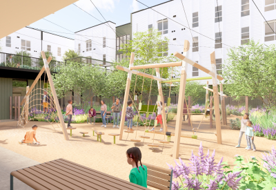 Rendering view of a landscaped courtyard with organic play structures. 