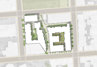 Site plan of apartment building and path between