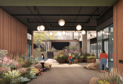 Rendering of the interior courtyard, encasing a grand stair that doubles as a biofiltration basin for storm water.