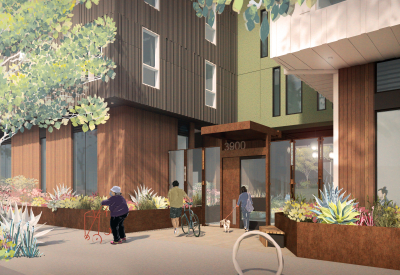 Rendering of the metal and glass entry gate on Post Street, flanked by lush planters.