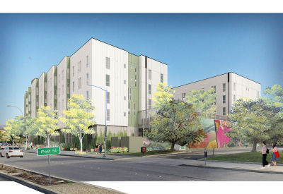 Rendering of the cream-colored and green facade from busy Thornton Avenue.