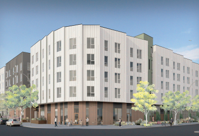 Rendering of the buildings distinctive sawtooth facade with a woodclad first floor, visualized from the corner of Thornton Avenue and Post Street.