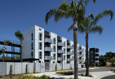 Daytime view of rear of multifamily building with palm trees and perforated-aluminum balconies