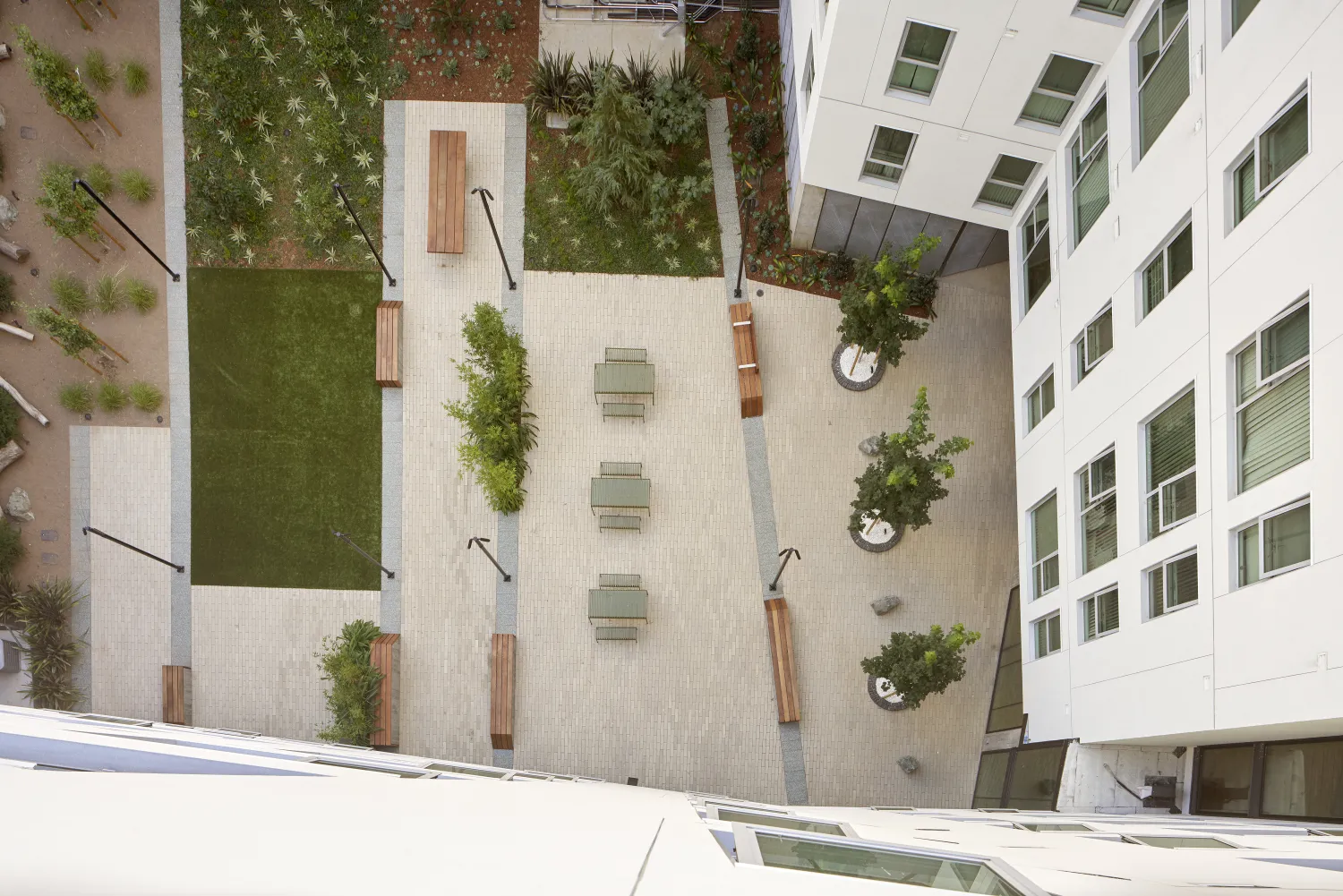 Aerial view of the courtyard in 222 Taylor Street, affordable housing in San Francisco