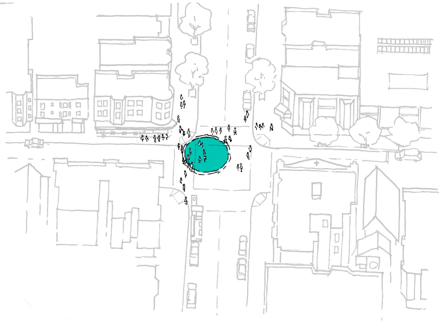 Sketch of a neighborhood with a group of people gathering to paint the aqua circle over the water cistern. 