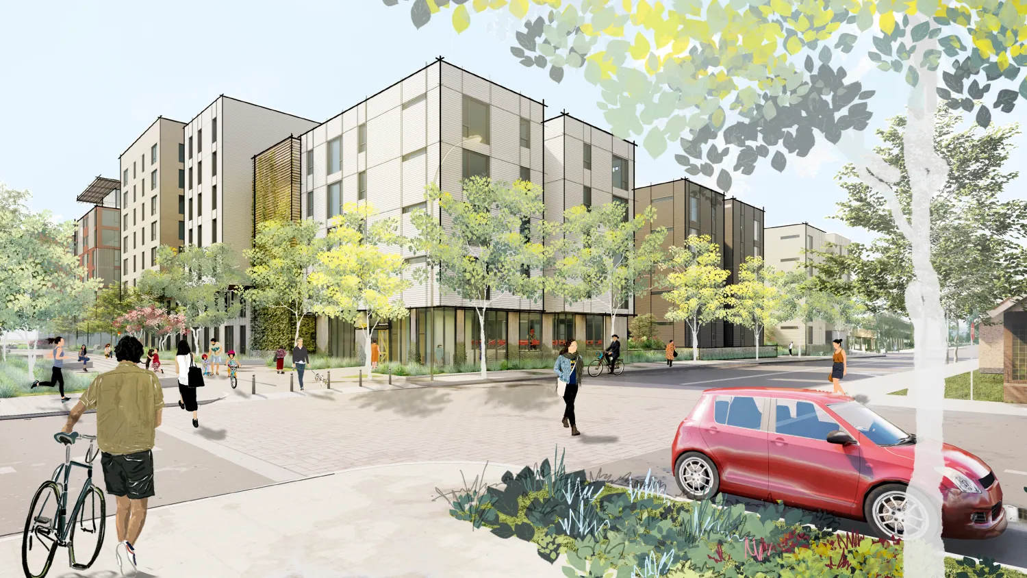 Exterior rendering of the street view for East Santa Clara Housing in San Jose, California