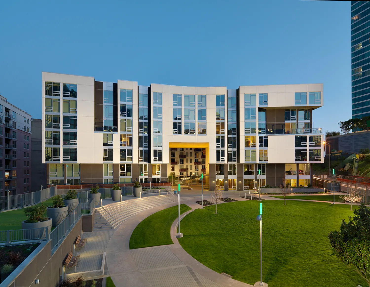 Exterior view of Rincon Green at dusk in San Francisco.