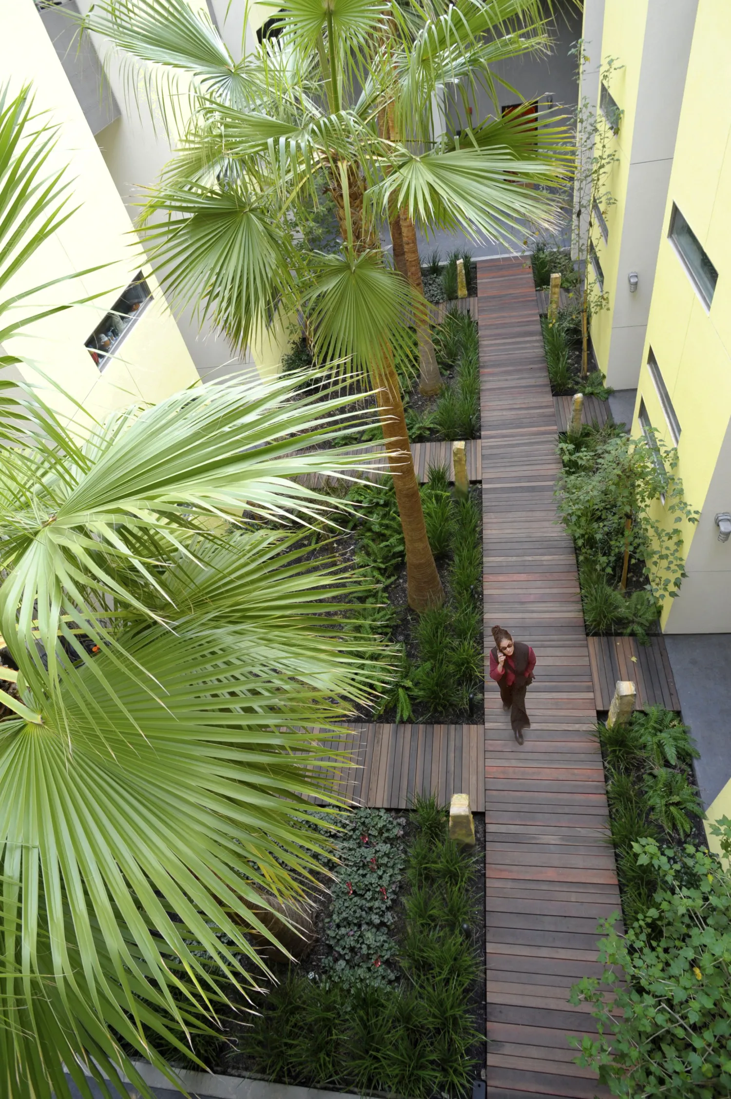 View of a courtyard from above at Pacific Cannery Lofts in Oakland, California.