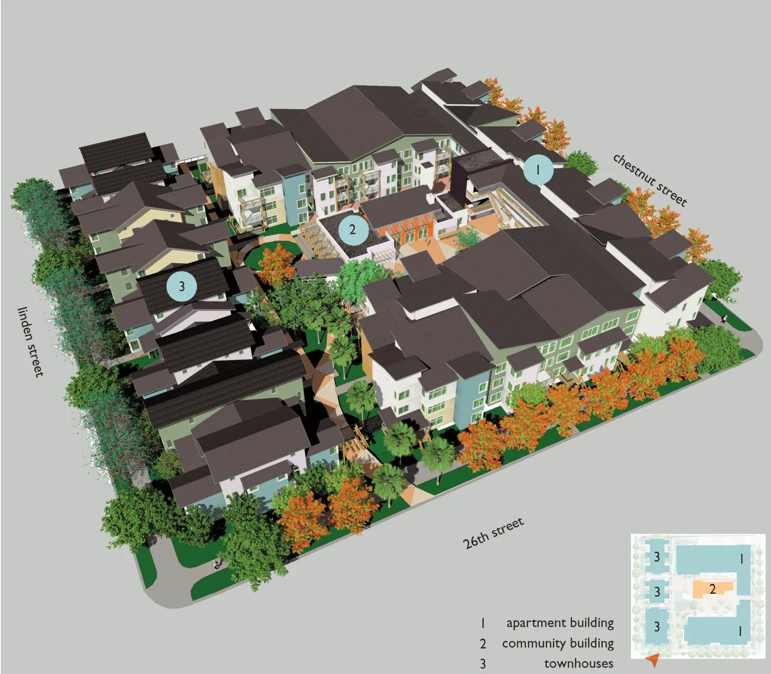 Rendered site plan for Linden Court in Oakland, California.